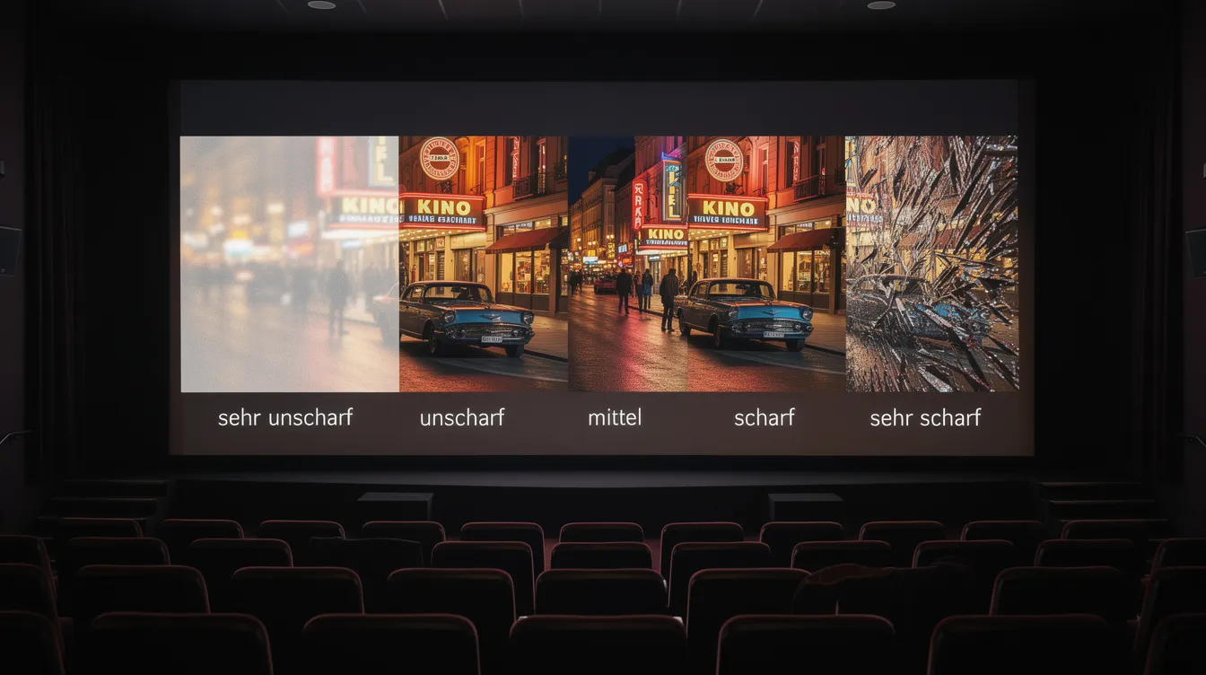 Auf der Kinoleinwand sind mehrere Filmbilder in unterschiedlichen Schärfegraden zu sehen, die von grob bis sehr fein variieren. Die Abbildung zeigt die verschiedenen Bildqualitäten und Auflösungen, die in der Filmproduktion verwendet werden, und verdeutlicht die Unterschiede in der Bildschärfe und Detailgenauigkeit.