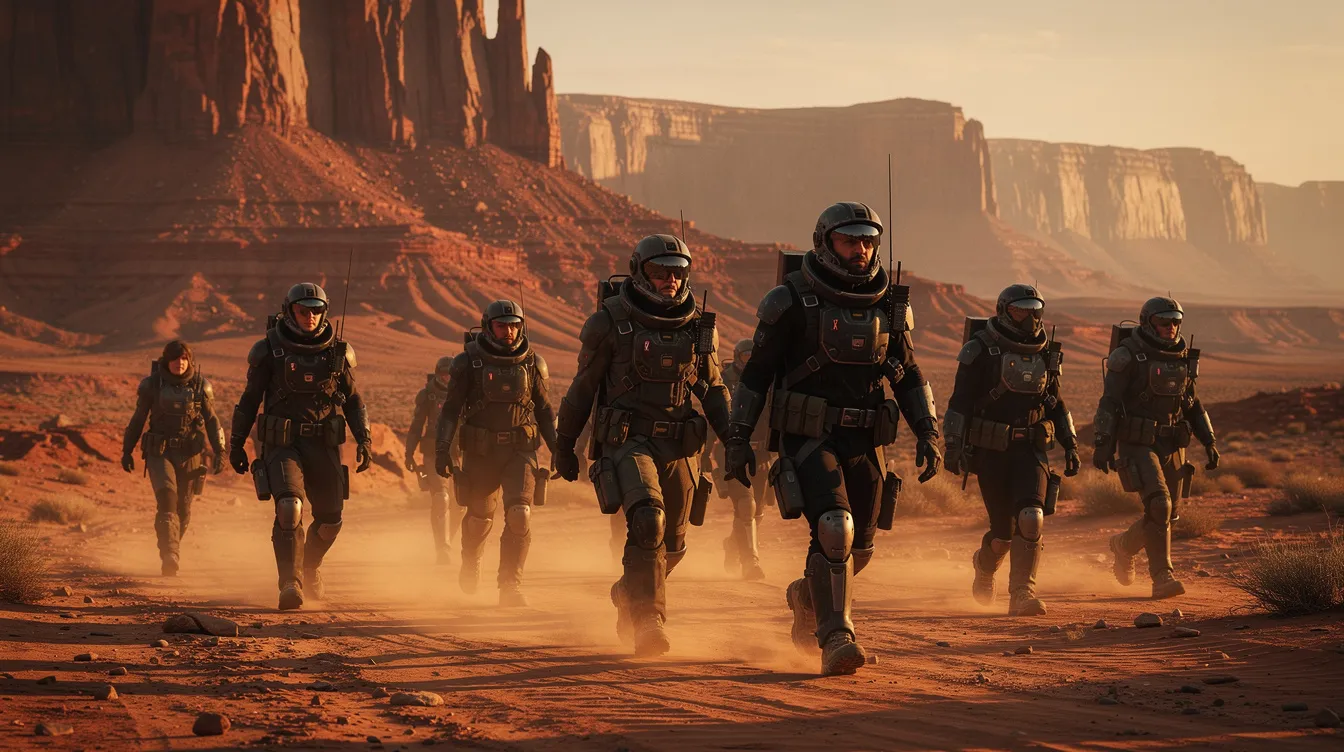 Eine Gruppe von Menschen in dunklen Überlebensanzügen wandert durch eine weite Wüstenlandschaft mit roten Felsklippen, die an den Wüstenplaneten Arrakis aus dem Science-Fiction-Klassiker "Dune" erinnert. Die Szene vermittelt ein Gefühl von Abenteuer und Herausforderung in einer rauen, extraterrestrischen Umgebung.