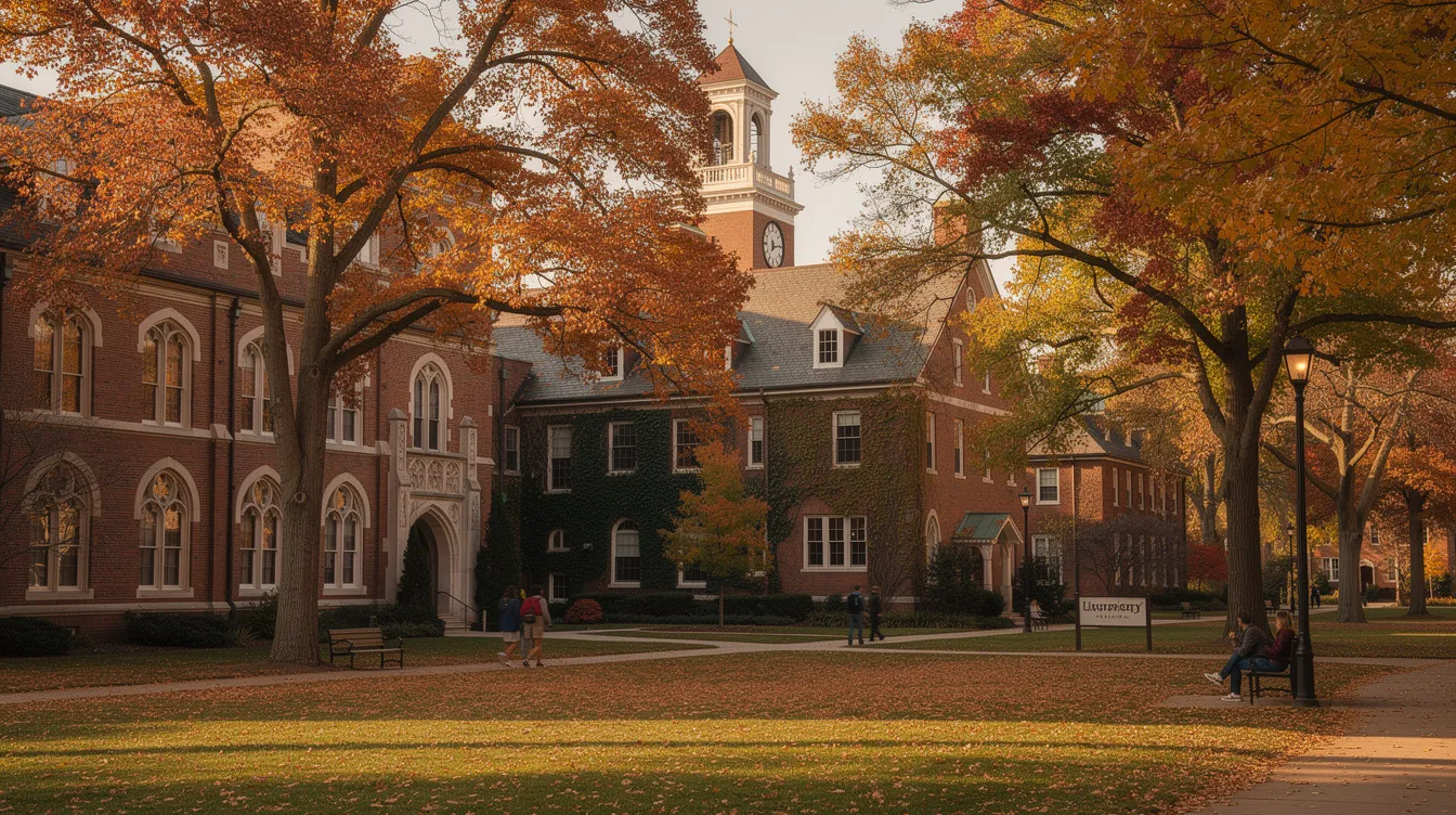 Das Bild zeigt historische Universitätsgebäude mit alten Backsteinfassaden, umgeben von herbstlich gefärbten Bäumen auf einem amerikanischen Campus. Diese Szenerie erinnert an die akademische Atmosphäre, die auch in der Lebensgeschichte von John Nash, dem Mathematiker aus "A Beautiful Mind", eine zentrale Rolle spielt.