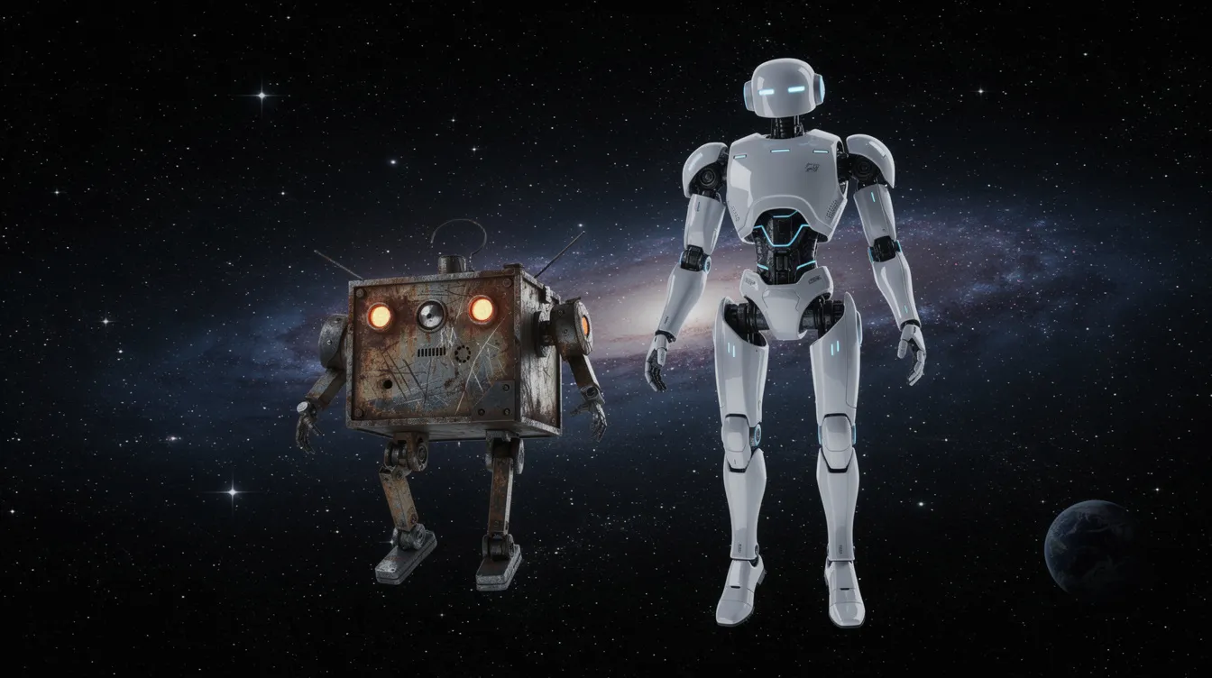 Zwei Roboter schweben im Weltraum: ein kleiner, kastenförmiger und verrosteter Roboter sowie ein schlanker, glatter, weißer Roboter. Sie sind umgeben von funkelnden Sternen und verkörpern die futuristische Atmosphäre des Films "Wall·E – Der Letzte räumt die Erde auf".