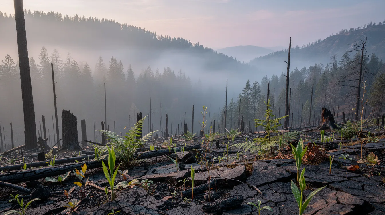 Ein nebliger Bergwald im Morgengrauen zeigt frisches Grün, das durch verbrannte Erde bricht und symbolisch für Wiedergeburt nach Zerstörung steht. Diese Szene erinnert an die Themen von Hayao Miyazaki in „Prinzessin Mononoke“, wo der Konflikt zwischen Mensch und Natur behandelt wird.