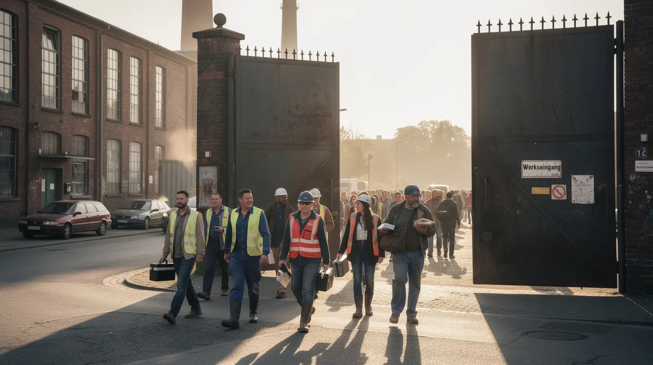 Eine Gruppe von Menschen in Arbeitskleidung strömt durch ein großes, eisernes Fabriktor auf eine sonnige Straße, wobei die Szene aus leichter Entfernung aufgenommen wurde. Diese Darstellung erinnert an die Pioniere der Filmgeschichte, wie Auguste und Louis Lumière, die mit ihren Erfindungen die Welt des Kinos revolutionierten.