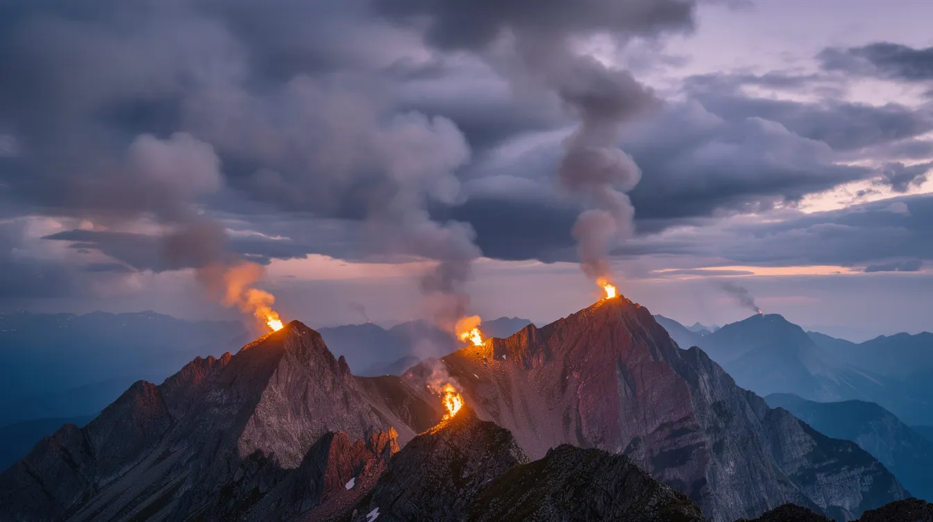 Auf den Berggipfeln brennen helle Signalfeuer in der Dämmerung, während Rauch in den dramatischen, bewölkten Himmel aufsteigt und entfernte Gipfel im Hintergrund sichtbar sind. Diese Szene erinnert an die epischen Kämpfe und die heroischen Momente aus "Der Herr der Ringe: Die Rückkehr des Königs".