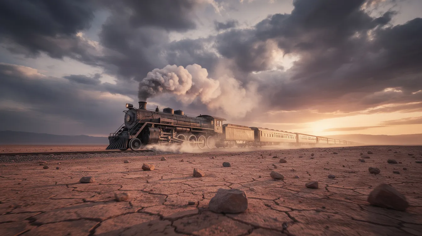Eine dampfende Lokomotive fährt durch eine weite, karge Wüstenebene, während ein dramatischer Himmel über ihr aufzieht. Diese Szene erinnert an die epischen Filme von Sergio Leone, wie "Once Upon a Time in the West", und vermittelt eine eindrucksvolle Stimmung.
