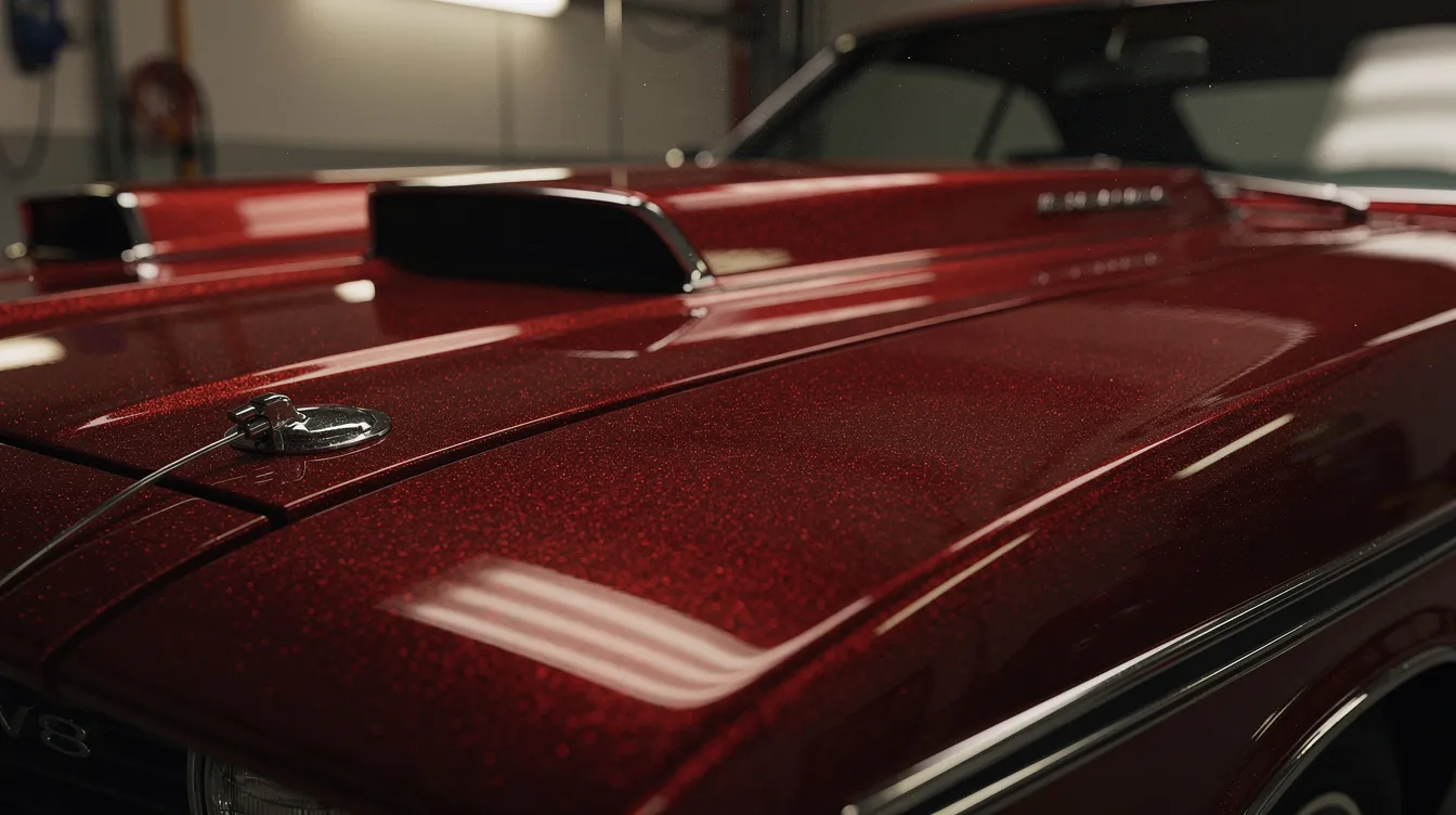Die Nahaufnahme zeigt die Motorhaube eines klassischen amerikanischen Muscle Cars aus den 1970er Jahren, mit glänzendem Lack und Chromdetails, beleuchtet von weichem Garagenlicht. Dieses Auto erinnert an die ikonische Rolle von Walt Kowalski, gespielt von Clint Eastwood, im Film "Gran Torino".