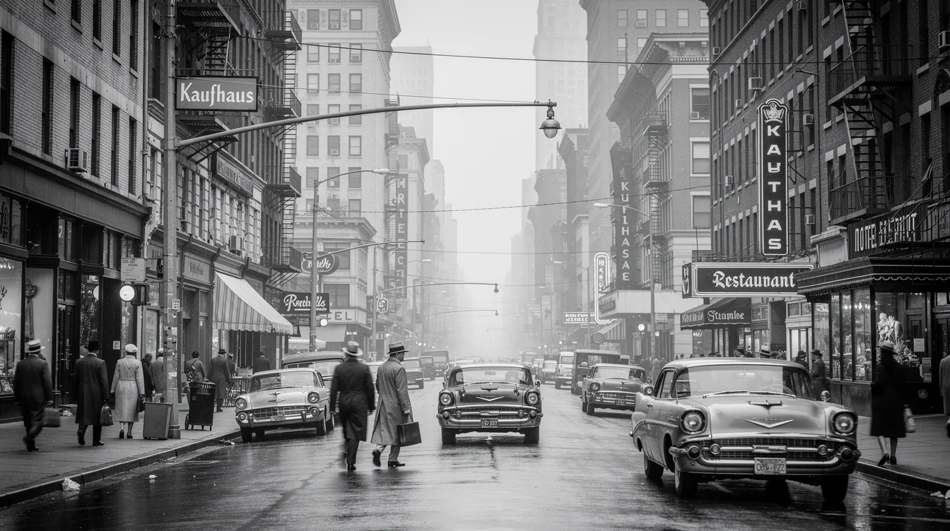 Die Schwarz-Weiß-Straßenszene zeigt eine belebte US-amerikanische Großstadt der 1950er Jahre, in der Passanten an hohen Gebäuden vorbeigehen und Autos auf der Straße fahren. Diese Atmosphäre erinnert an den Film "Die zwölf Geschworenen", der sich mit den spannenden Diskussionen und der Entscheidungsfindung einer Jury beschäftigt.