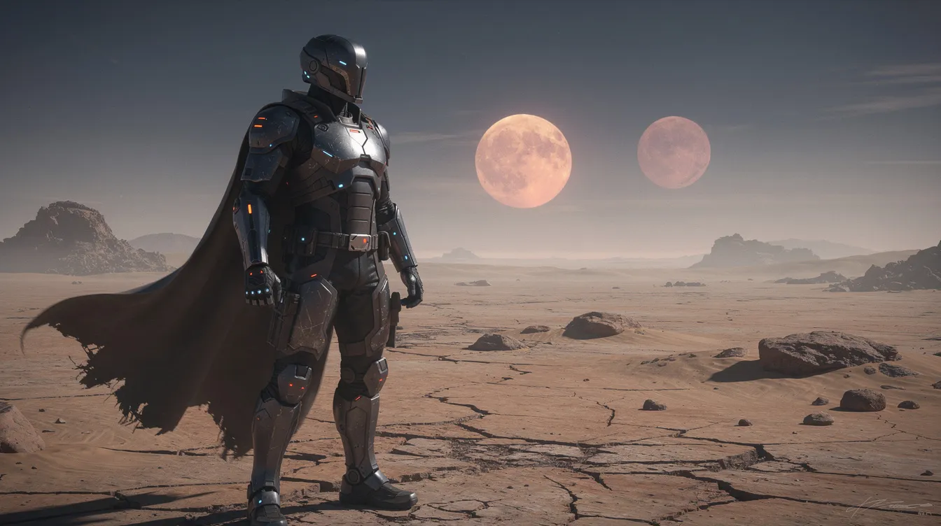 Ein maskierter Kopfgeldjäger in futuristischer Rüstung steht vor einer kargen Wüstenlandschaft, während zwei Sonnen am Horizont untergehen. Diese Figur strahlt eine geheimnisvolle Präsenz aus, die an Charaktere aus bekannten Science-Fiction-Filmen und Serien erinnert.