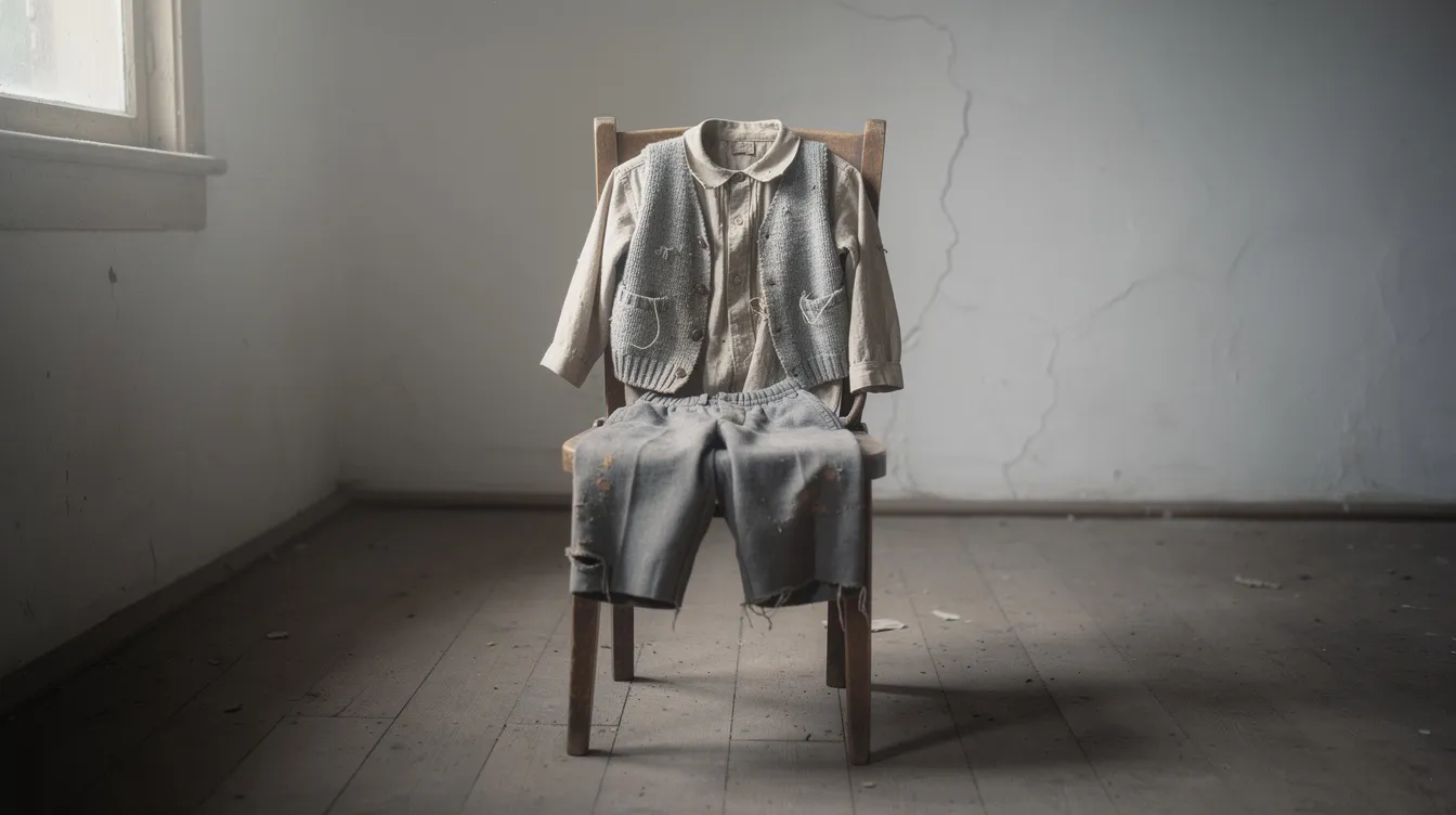 Auf einem schlichten Holzstuhl in einem kargen, weißgetünchten Raum liegen abgetragene Kinderkleidung aus den 1940er Jahren, darunter eine Strickweste, kurze Hose und ein einfaches Hemd. Diese Kleidung erinnert an die Zeit der "Kinder des Monsieur Mathieu" und spiegelt die Lebensumstände der Jungen im Internat wider.