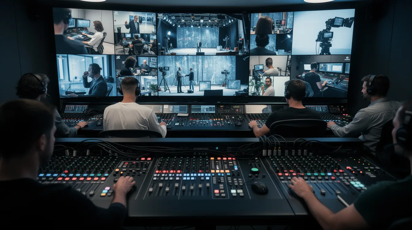 Der moderne Kontrollraum einer Filmproduktion zeigt ein Team, das konzentriert an Mischpulten arbeitet, während mehrere Monitore verschiedene Kamerawinkel der laufenden Aufnahmen anzeigen. Diese Szene verkörpert die Dynamik und Professionalität der deutschen Filmbranche, in der Talente und Produzenten zusammenkommen, um kreative Werke zu schaffen.