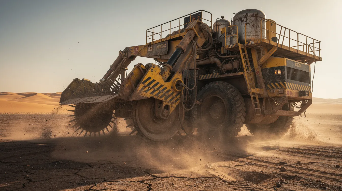 Eine riesige industrielle Erntemaschine steht in einer staubigen Wüstenlandschaft, umgeben von aufwirbelndem Sand, während im Hintergrund endlose Sanddünen zu sehen sind. Diese Szene erinnert an die epische Welt von "Dune", einem Science-Fiction-Klassiker, der die Herausforderungen und Intrigen auf dem Wüstenplaneten Arrakis thematisiert.