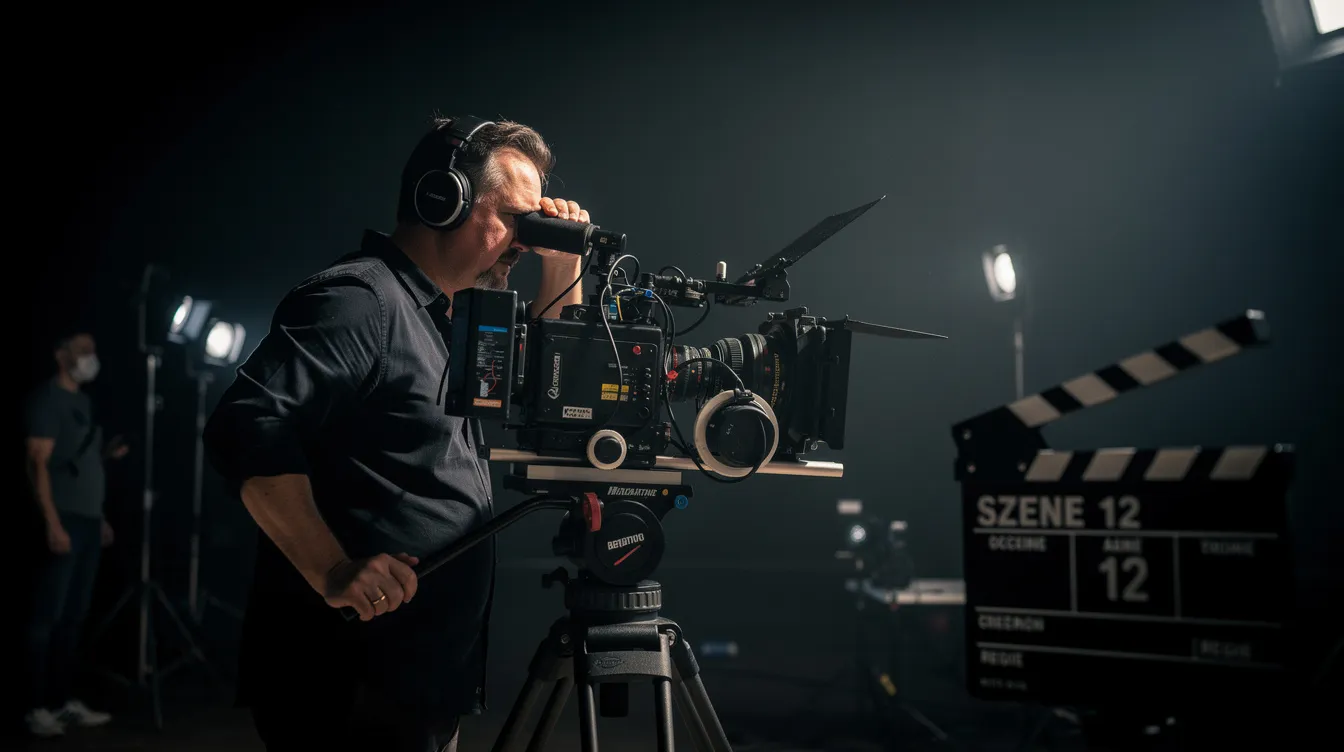 Ein Regisseur steht hinter einer Filmkamera auf einem Set, umgeben von dramatischer Beleuchtung und einem dunklen Hintergrund, während er die Szene für ein Meisterwerk im Stil von Stanley Kubrick inszeniert. Die Atmosphäre erinnert an die geheimnisvolle Welt von "Eyes Wide Shut", in der Sehnsüchte und gesellschaftliche Themen im Mittelpunkt stehen.