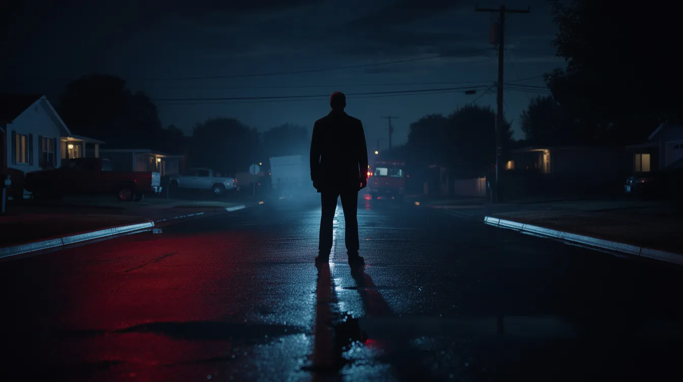 Ein schwarzer Mann steht nachts allein auf einer leeren Vorstadtstraße, während rotes und blaues Licht auf dem nassen Asphalt reflektiert wird. Die Szene vermittelt eine düstere Stimmung, die an Elemente eines Horrorfilms erinnert.