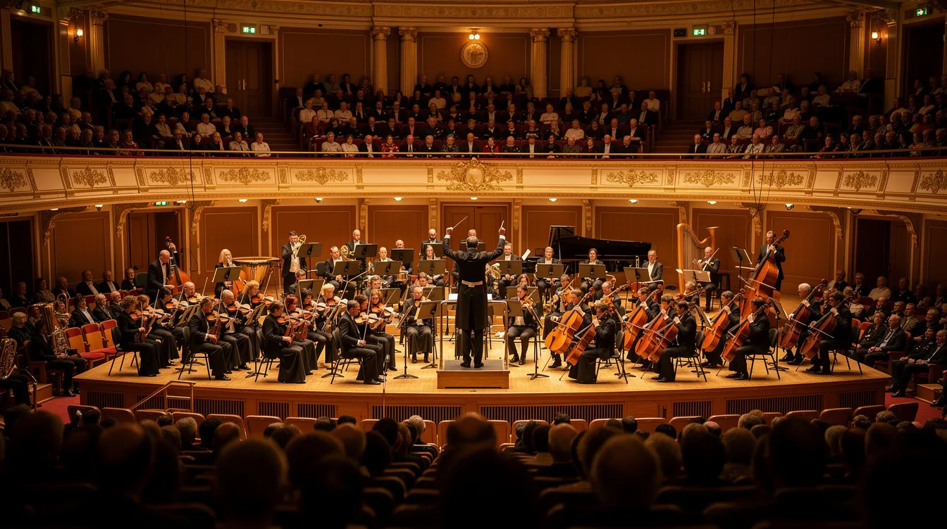 Der große Konzertsaal zeigt eine beeindruckende Perspektive von hinten, während der Dirigent vor dem Orchester steht, das in warmes, goldenes Bühnenlicht getaucht ist. Die ausverkauften Ränge schaffen eine lebendige Atmosphäre, die an die großartigen Kompositionen von Ennio Morricone und die Welt der Filmmusik erinnert.
