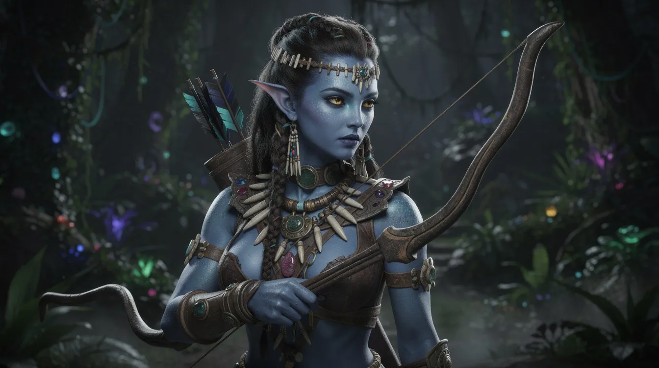 Das Porträt zeigt eine blauhäutige außerirdische Kriegerin mit leuchtend gelben Augen, die traditionell geschmückt ist und einen Bogen hält. Im Hintergrund ist ein dunkler Dschungel mit strahlenden Pflanzen zu sehen, was die mystische Atmosphäre des Films "Avatar – Aufbruch nach Pandora" unterstreicht.