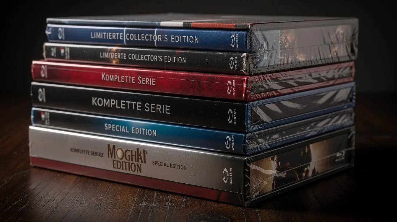 Auf einem dunklen Holztisch liegt ein Stapel großer Blu-ray Collector's Boxen in verschiedenen Größen und Farben, die Filme und Serien in hochwertigen Editionen präsentieren. Diese Boxen sind ideal für Sammler und bieten eine Vielzahl von Angeboten, die auf Amazon.de erhältlich sind.