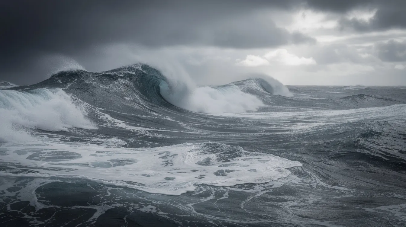 Die raue, stürmische See zeigt hohe Wellen, die gegen ein Boot schlagen, während der graue Himmel eine dramatische Atmosphäre schafft. Diese Ozeanlandschaft vermittelt ein Gefühl von Gefahr und Abenteuer, passend zu den Themen aus Filmen wie "Das Boot".