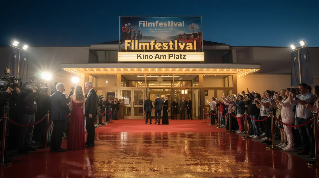 Eine lebhafte Menschenmenge steht auf einem roten Teppich vor dem beleuchteten Eingang eines Kinos, das im Rahmen eines Filmfestivals festlich geschmückt ist. Die Abendstimmung und die Anwesenheit von Stars und Zuschauern schaffen eine aufregende Atmosphäre, die den Zauber des Films und der Filmkritik verkörpert.