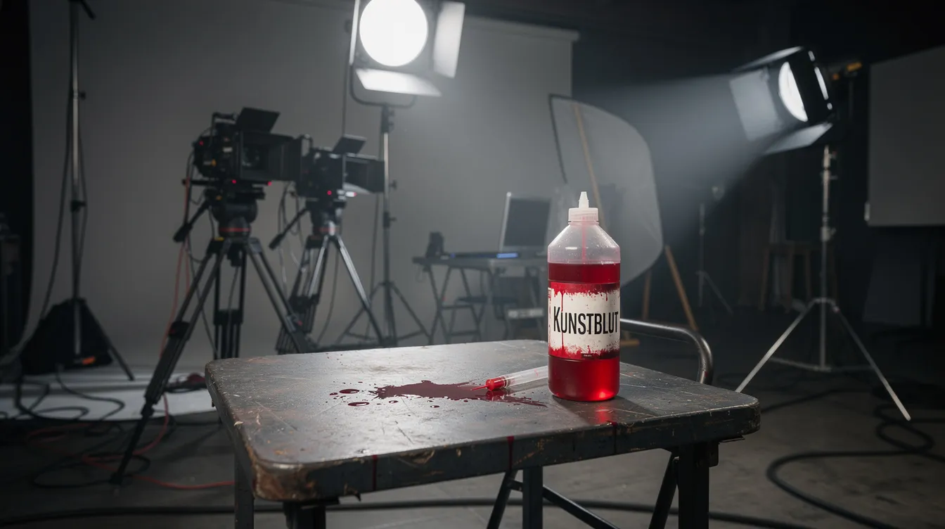 Das Bild zeigt ein Filmset mit umfangreicher Kameraausrüstung und Scheinwerfern, während auf einem Tisch eine Flasche mit roter Kunstblutflüssigkeit steht, die typisch für das Horrorgenre ist. Diese Ausstattung vermittelt die düstere Atmosphäre eines Horrorfilms und lässt die Spannung und Gefahr erahnen, die Zuschauer in solchen Medien erleben.