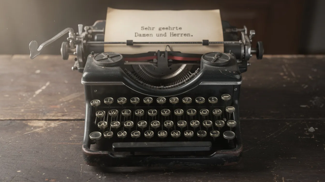 Die Nahaufnahme einer alten mechanischen Schreibmaschine aus den 1940er-Jahren zeigt die Details der Tasten und das eingesannte Blatt Papier, das auf einem dunklen Holzschreibtisch liegt. Diese Schreibmaschine könnte mit der filmischen Auseinandersetzung über das Holocaust-Drama "Schindlers Liste" in Verbindung stehen, das von Steven Spielberg inszeniert wurde.