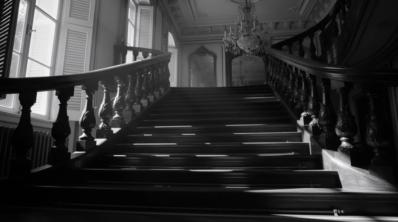 Die dramatische Schwarz-Weiß-Szene zeigt eine breite Treppe in einem opulenten Herrenhaus, umgeben von starken Schatten, die durch Fensterläden fallen. Im Hintergrund schimmert ein Kronleuchter, der an die glamouröse Atmosphäre von "Boulevard der Dämmerung" erinnert.