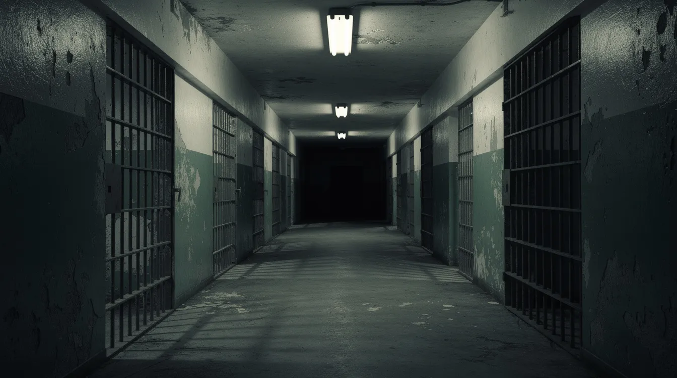 Ein langer Gefängniskorridor ist zu sehen, beleuchtet von hartem Deckenlicht, das lange Schatten wirft. Zu beiden Seiten befinden sich leere Zellen, die die düstere Atmosphäre des Films "American History X" widerspiegeln und die Themen von Haft und Auseinandersetzung mit dem eigenen Verhalten thematisieren.