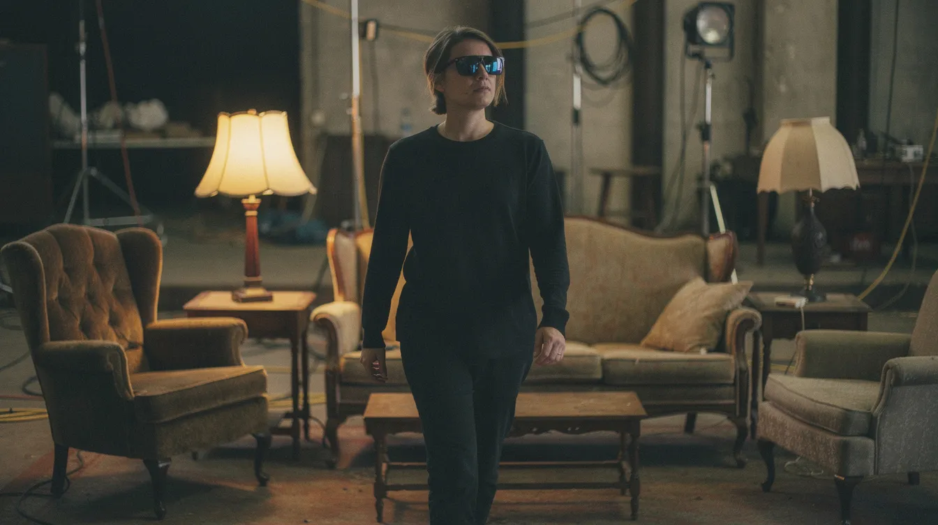 Eine Person mit dunkler Sonnenbrille geht nachdenklich durch ein Filmset, das mit alten Möbeln und gedämpftem Licht gestaltet ist, und vermittelt ein Gefühl von Einsamkeit und Sehnsucht. Die Atmosphäre erinnert an die Werke von Wong Kar Wai, besonders an "In the Mood for Love".