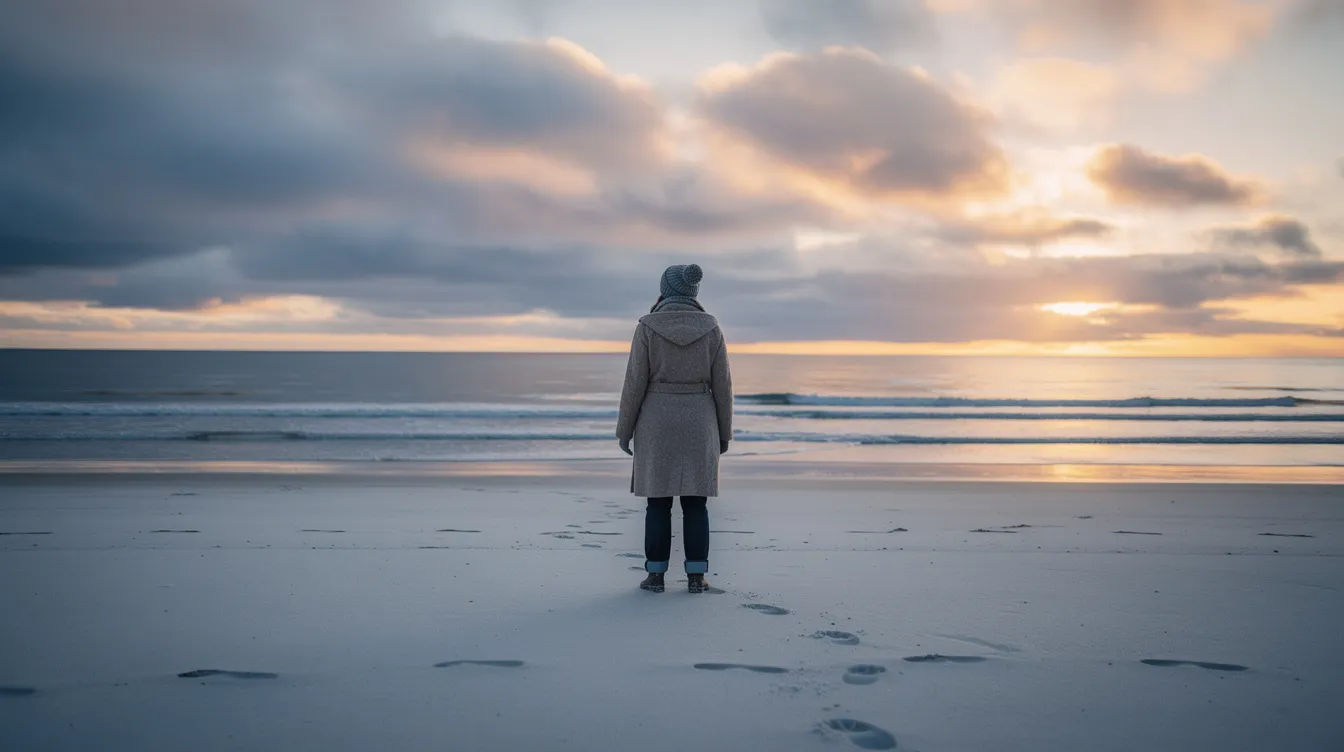 Eine einzelne Person steht bei Sonnenuntergang an einem menschenleeren Winterstrand und blickt nachdenklich aufs Meer, während das letzte goldene Licht am Horizont strahlt. Diese Szene erinnert an die melancholischen Momente aus "Eternal Sunshine of the Spotless Mind", die die Themen von Erinnerungen und Verlust behandelt.
