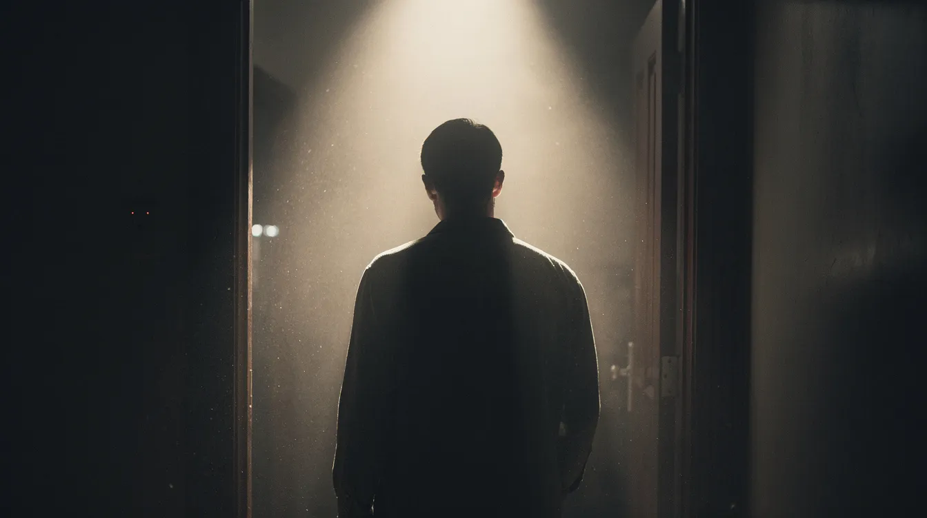 Ein Mann steht in einem dunklen Türrahmen, seine Silhouette hebt sich klar gegen das helle, unbekannte Licht im Hintergrund ab. Diese Szene erinnert an die Atmosphäre von "The Truman Show", wo das Leben und die Wahrheit in einer inszenierten Welt aufeinandertreffen.