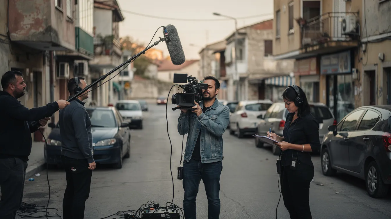 Ein Filmteam mit Handkamera dreht in einer engen urbanen Straße, umgeben von niedrigen Häusern, die typisch für die Favelas von Rio de Janeiro sind. Die Szene vermittelt das lebendige, aber herausfordernde Leben in der Stadt Gottes, auch bekannt als Cidade de Deus, und fängt die Atmosphäre der urbanen Realität ein.