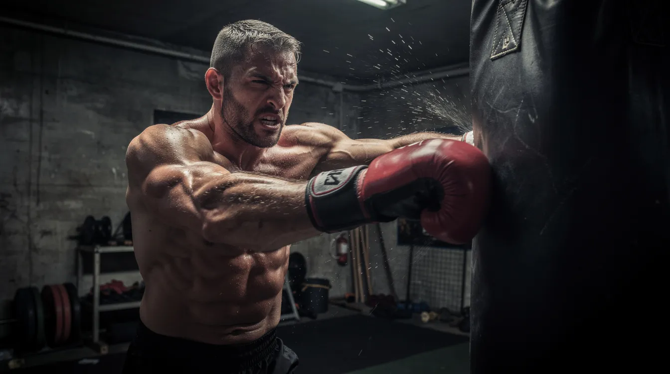 Ein Boxer trainiert intensiv am Sandsack in einem düsteren Gym, sein Gesichtsausdruck ist konzentriert und Schweiß perlt von seiner Haut. Diese Szene erinnert an die kämpferische Energie eines "raging bull" und fängt den Geist des Boxens in einem authentischen Umfeld ein.