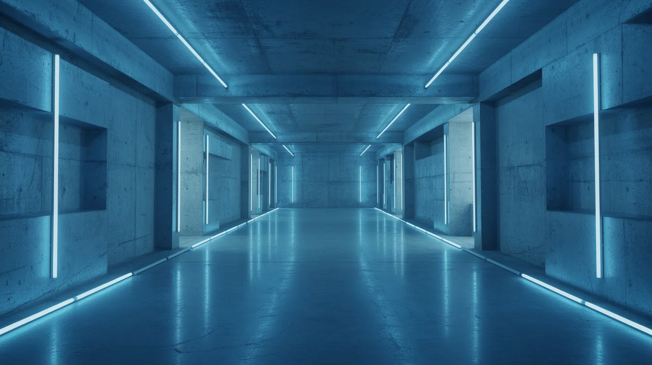 Der symmetrische Betonkorridor, beleuchtet von kaltem Neonlicht, zeigt geometrische Linien und brutalistische Architektur im Stil der 1970er Jahre, die an den Film "Uhrwerk Orange" von Stanley Kubrick erinnert. Die strengen Formen und das düstere Ambiente vermitteln ein Gefühl von Isolation und Kälte, passend zur Thematik des Films.