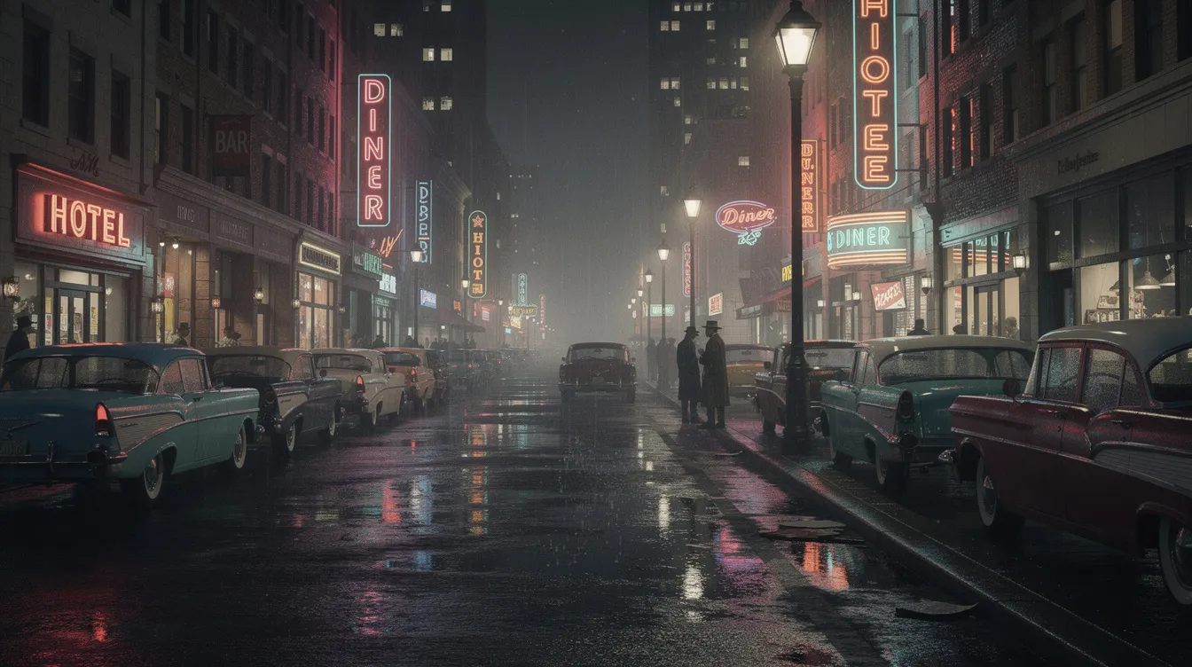 Die nächtliche Straßenszene zeigt eine amerikanische Großstadt in den 1950er Jahren, beleuchtet von bunten Neonreklamen und Straßenlaternen, die starke Schatten auf den Gehweg werfen. Parkende Oldtimer fügen sich in die Atmosphäre des alten Hollywoods ein, während die Kulisse an die düstere Welt von Film Noir und die Korruption in Los Angeles erinnert.