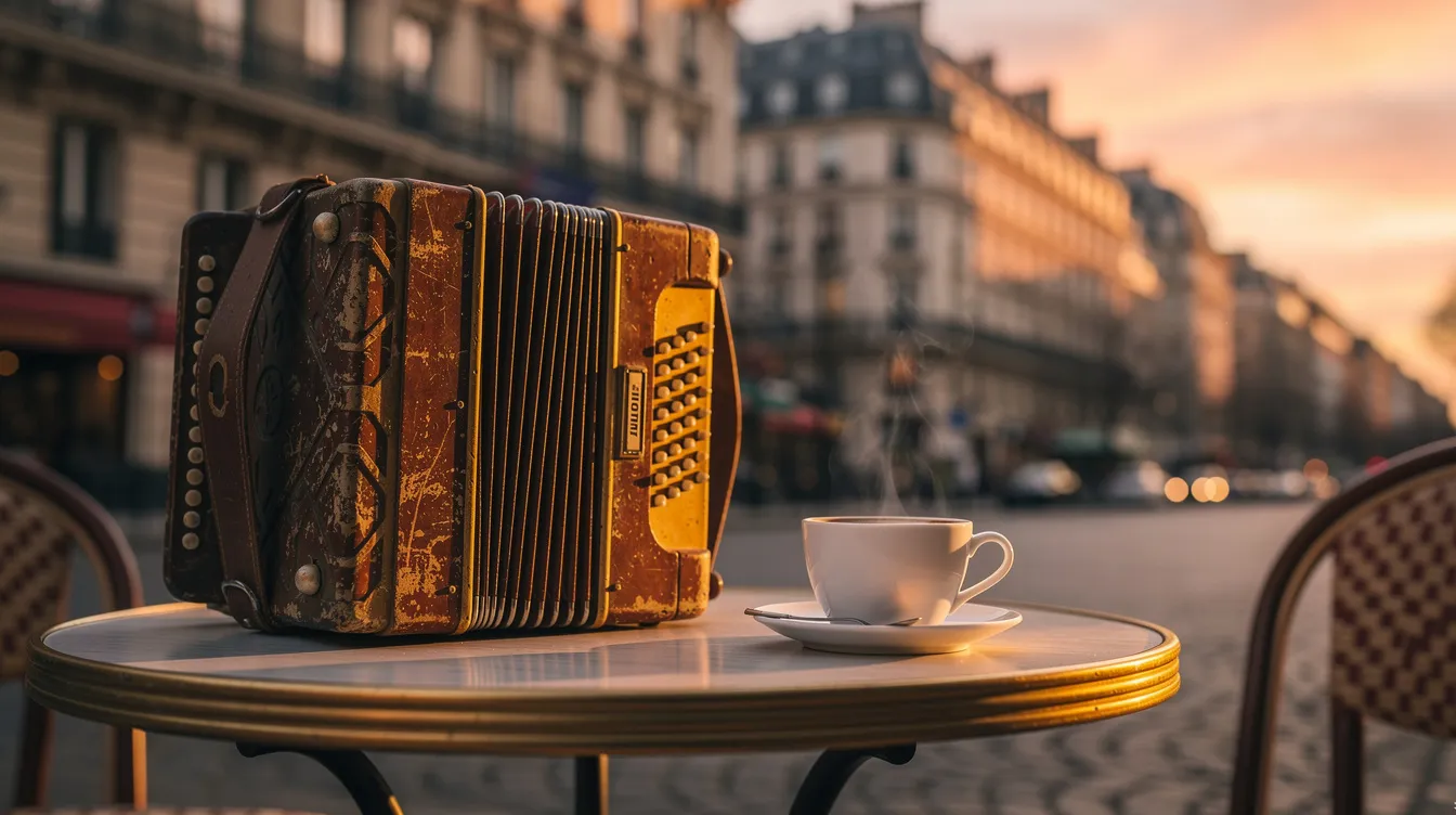 Auf einem kleinen Bistrotisch steht ein Akkordeon neben einer Tasse Kaffee, während im Hintergrund die verschwommenen Pariser Häuserfassaden bei Sonnenuntergang leuchten. Diese Szene erinnert an die fabelhafte Welt der Amélie und vermittelt eine melancholische, aber zugleich zauberhafte Atmosphäre.
