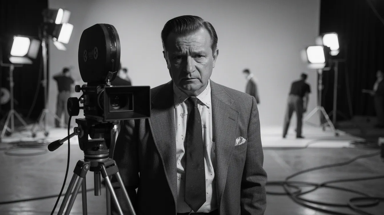 Das Schwarz-Weiß-Porträt zeigt einen Regisseur der 1950er Jahre, der konzentriert durch einen Kamerasucher blickt, während im Hintergrund ein Filmset zu sehen ist. Diese Szene könnte an die Atmosphäre des Klassikers "Die zwölf Geschworenen" erinnern, in dem die Spannung und die Diskussionen um Schuld und Unschuld zentral sind.