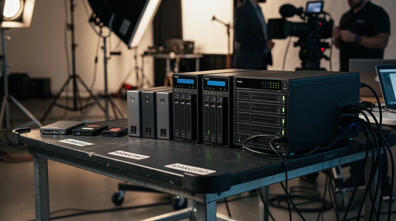 Auf einem mobilen Arbeitstisch am Filmset sind mehrere externe Festplatten, ein RAID-Gehäuse und ein SSD-Kartenleser aufgereiht, die für die Datenverwaltung und -sicherung während der Filmproduktion durch den digitalen Imaging Technician (DIT) genutzt werden. Diese Ausrüstung ist entscheidend für die Qualität und Integrität des Filmmaterials und unterstützt die Kameraabteilung bei der effizienten Nachbearbeitung.
