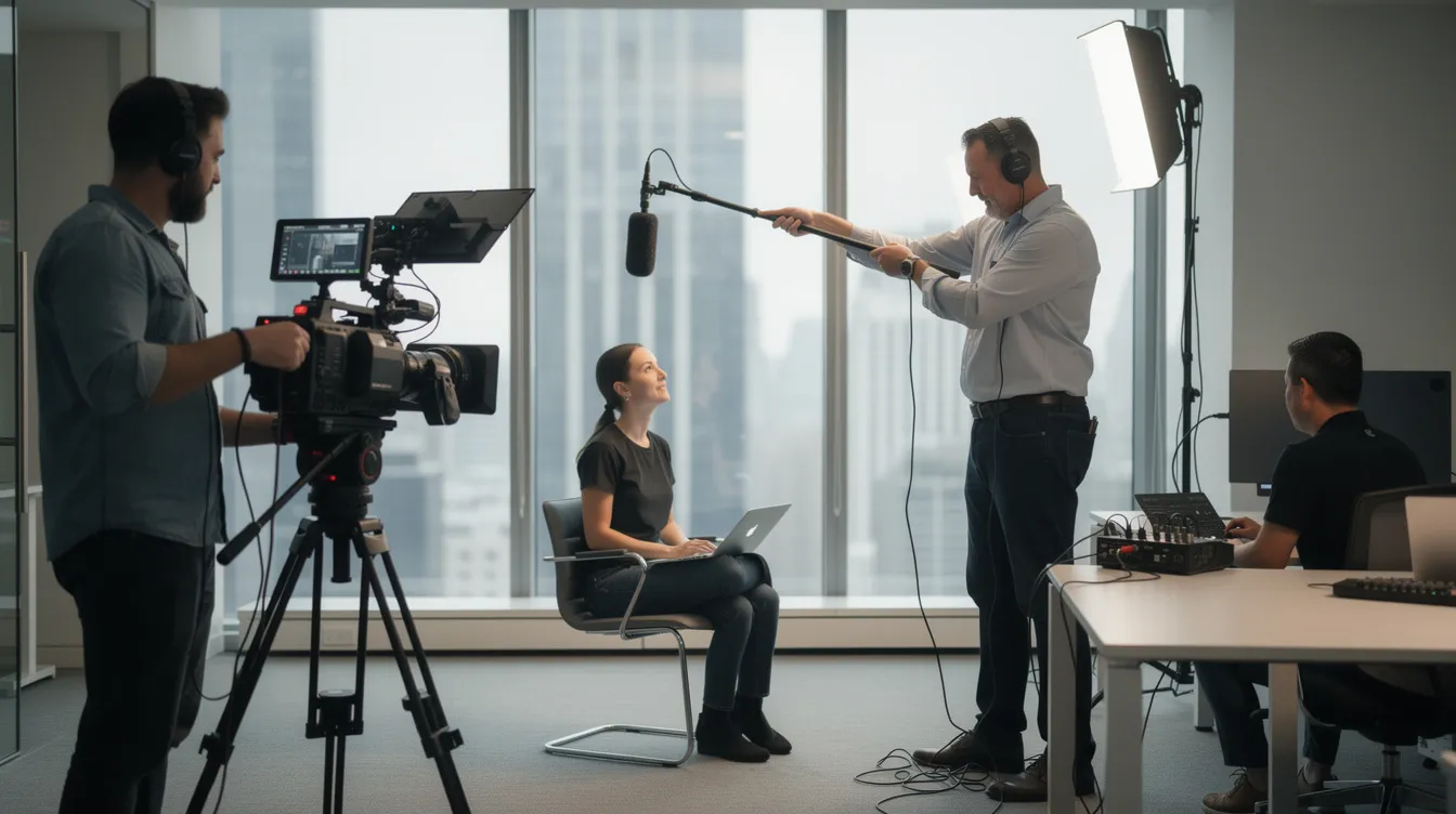 Ein Kamerateam filmt ein Interview in einer modernen Büroumgebung, die durch professionelle Beleuchtung gut ausgeleuchtet ist. Die Szene zeigt mehrere Personen, die sich um hochwertige Kameras und Equipment versammeln, um Inhalte für Videos und Medien zu produzieren.
