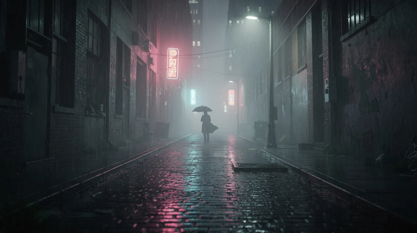 In einer düsteren, regnerischen Großstadtgasse bei Nacht steht eine einzelne Silhouette eines Mannes mit einem Regenschirm. Die Pfützen auf dem Boden reflektieren schwaches Neonlicht, was die Atmosphäre dieser geheimnisvollen Szene verstärkt, die an die Spannung eines Thrillers wie "Se7en" erinnert.