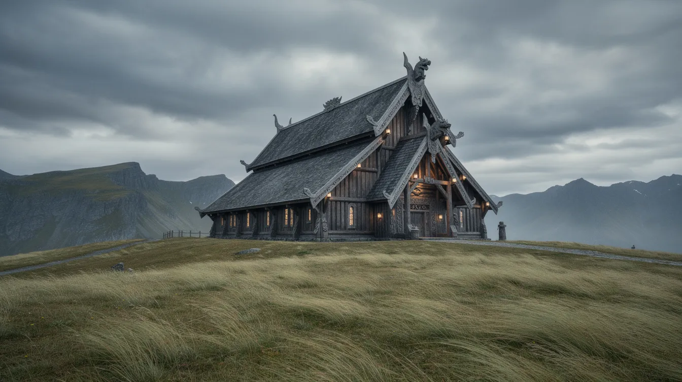 Die hölzerne Halle im nordischen Stil steht majestätisch auf einer windigen Bergkuppe, umgeben von weiten Grasebenen, während ein bewölkter Himmel über der Szenerie schwebt. Diese beeindruckende Landschaft erinnert an die epischen Szenen aus "Der Herr der Ringe: Die zwei Türme", in denen die Natur eine zentrale Rolle spielt.