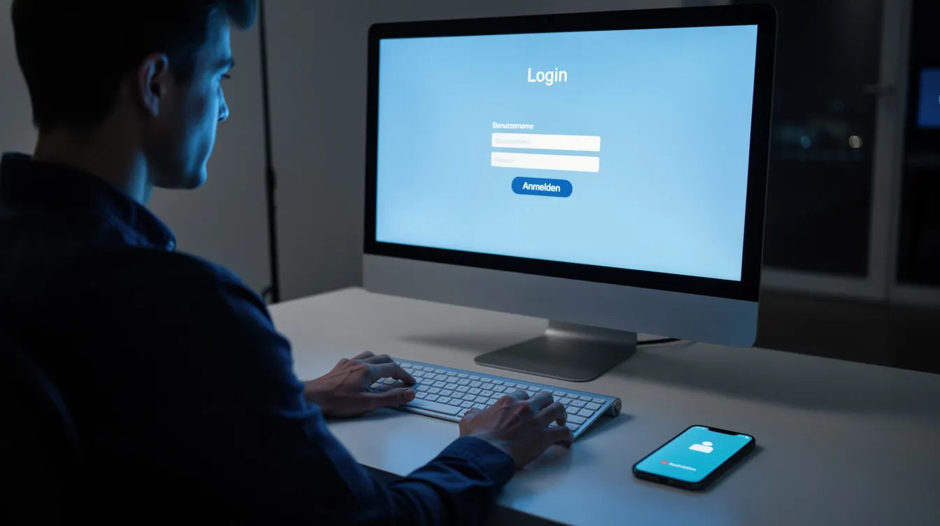 Eine Dame sitzt an einem Schreibtisch und schaut auf einen Computerbildschirm mit einer Login-Maske, während kühles blaues Licht den Raum beleuchtet. Neben dem Computer liegt ein Smartphone, das zur Eingabe von Zugangsdaten genutzt werden könnte.