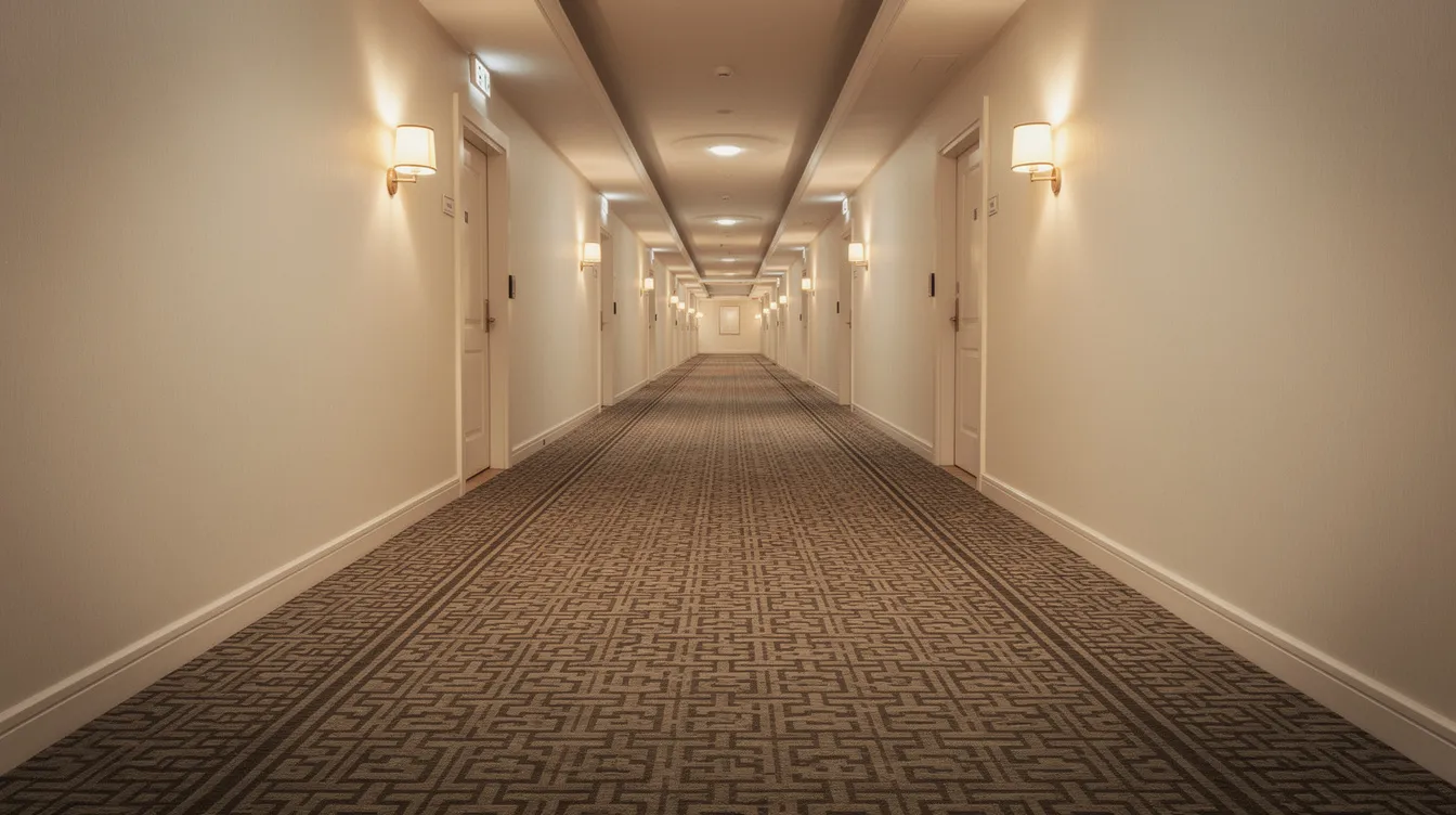 Der lange, symmetrische Hotelkorridor mit einem gemusterten Teppich und Wandleuchten auf beiden Seiten vermittelt eine eindrucksvolle Tiefenwirkung, die an die meisterhafte Regie von Stanley Kubrick erinnert. Diese Atmosphäre könnte gut in einem seiner Filme wie "Eyes Wide Shut" oder "2001: Odyssee im Weltraum" vorkommen.