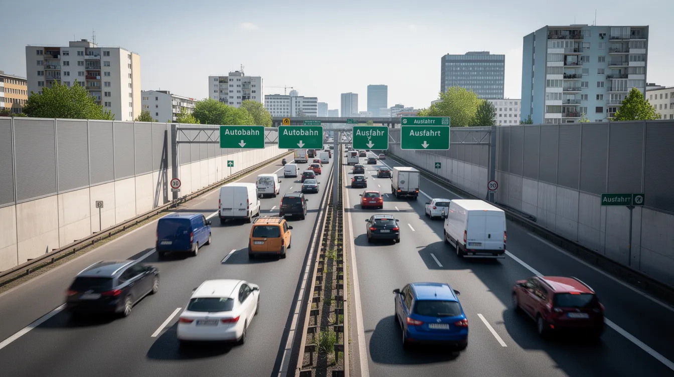 Die Autobahnszene zeigt eine urbane Kulisse, in der mehrere Fahrzeuge sowohl vorwärts als auch rückwärts fahren, umgeben von Betonwänden. Diese Darstellung erinnert an die komplexen Zeitinversionen im Film "Tenet" von Christopher Nolan, wo die Grenzen von Gegenwart und Vergangenheit verschwimmen.