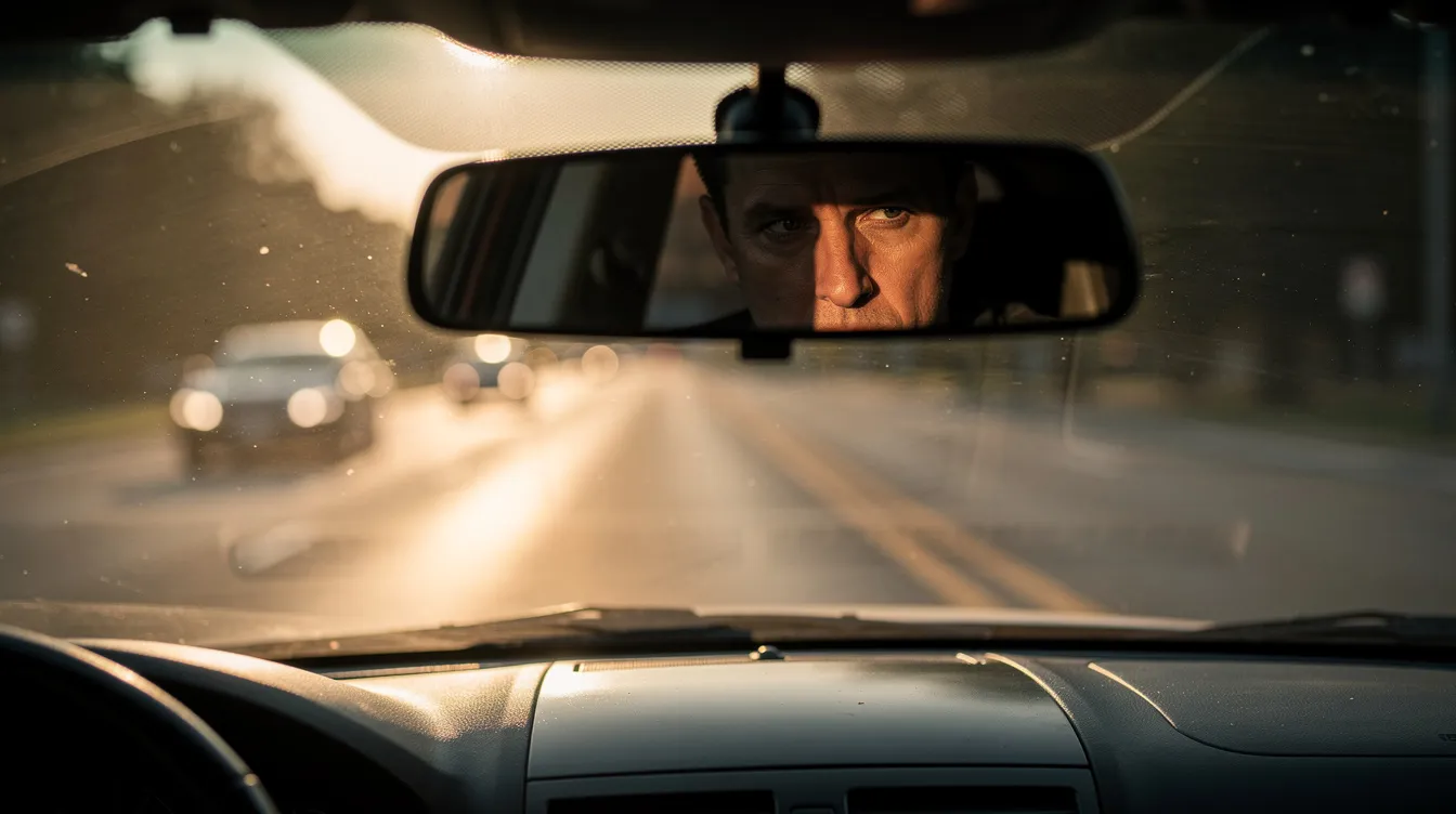 Ein Mann mit einem Gesicht, das teilweise im Schatten liegt, schaut in den Rückspiegel eines fahrenden Autos, während die Straße hinter ihm im Sonnenlicht verschwimmt. Diese Szene erinnert an die komplexe Erzählstruktur eines Thrillers, in dem Erinnerungen und Wahrnehmung eine zentrale Rolle spielen.