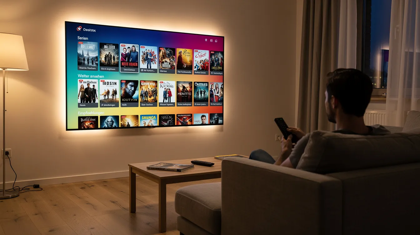 Das Bild zeigt ein modernes Wohnzimmer mit einem großen Smart TV, auf dem eine Streaming-Oberfläche mit zahlreichen Serienkacheln zu sehen ist. Eine Person sitzt entspannt auf dem Sofa mit einer Fernbedienung in der Hand und genießt die Unterhaltung in Full-HD-Qualität.