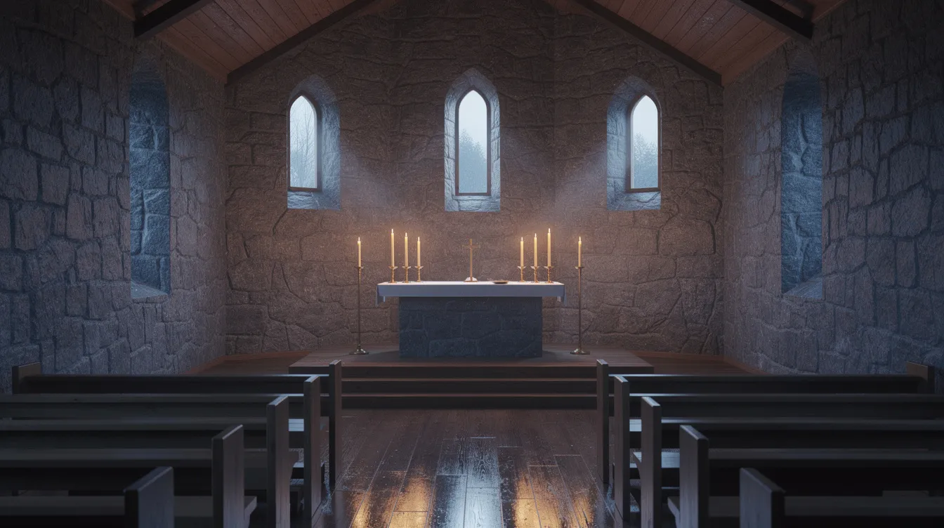 Der Innenraum einer kleinen nordischen Kirche zeigt brennende Kerzen auf dem Altar, die ein warmes Licht ausstrahlen und einen schönen Kontrast zu den kalten Steinwänden bilden. Im Vordergrund sind leere Holzbänke zu sehen, die eine ruhige und besinnliche Atmosphäre schaffen, passend zu den Themen von Drama und Beziehung, die in Filmen wie "Die Jagd" behandelt werden.
