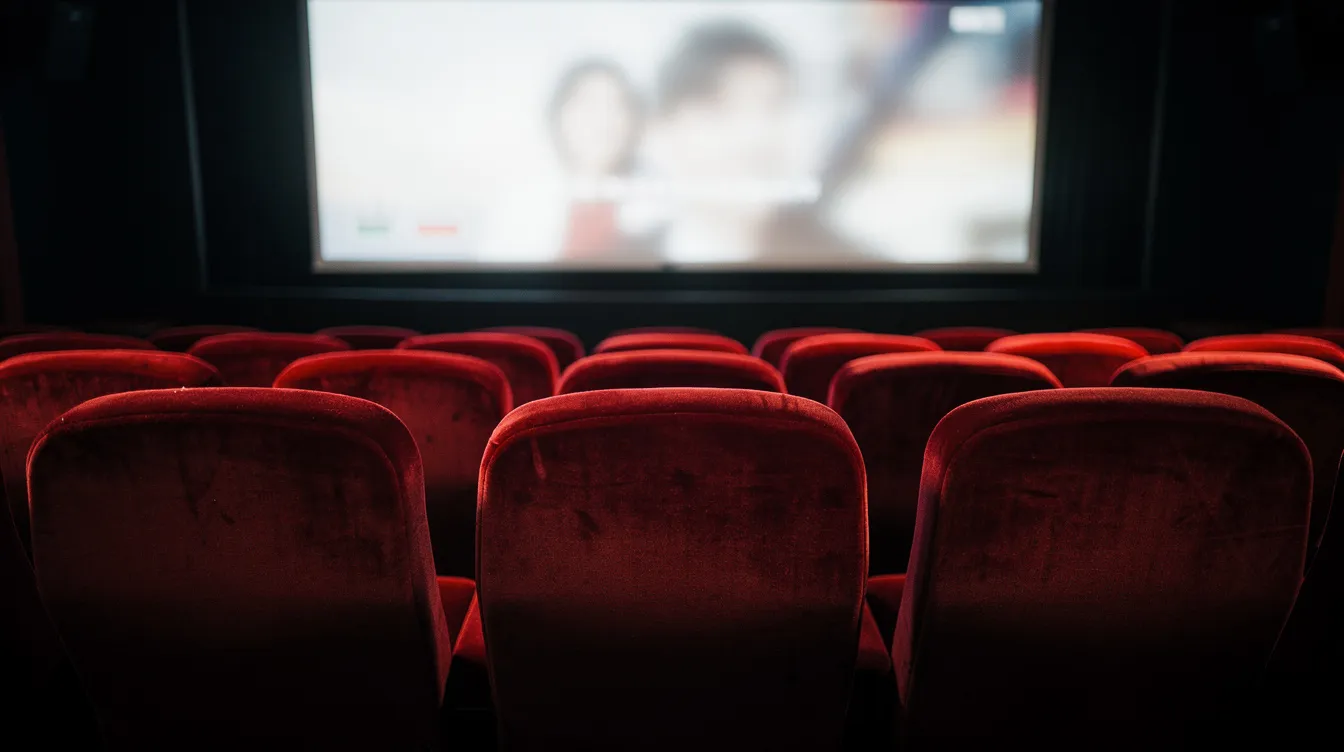 Der Blick in einen abgedunkelten Kinosaal zeigt eine beleuchtete Leinwand mit einem unscharfen Filmbild, während im Vordergrund rote Samtsessel stehen. Diese Atmosphäre vermittelt das Gefühl von Spannung und Vorfreude auf das bevorstehende Filmvergnügen.