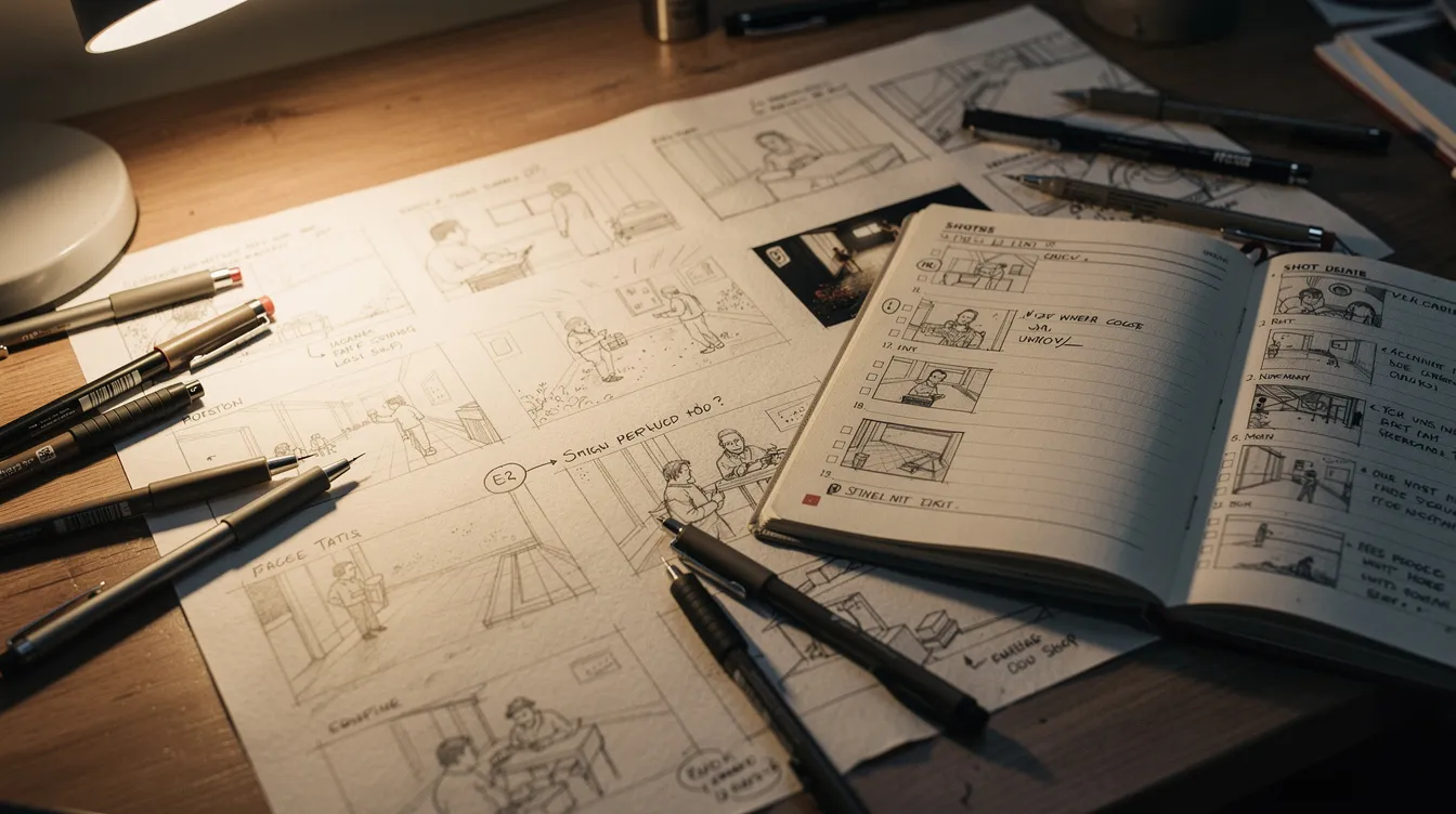 Das Bild zeigt einen Schreibtisch, auf dem Storyboard-Zeichnungen ausgebreitet sind, umgeben von Stiften und einem aufgeschlagenen Filmheft, alles in warmem Lampenlicht beleuchtet. Diese Szene könnte als Hommage an die kreative Arbeit von Künstlern in der Filmbranche interpretiert werden.