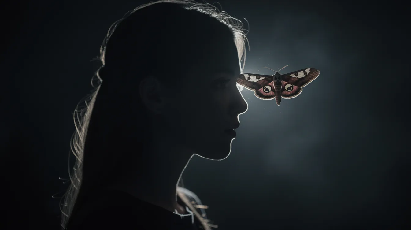 Die Silhouette einer jungen Frau ist im dunklen Profil zu sehen, während ein Nachtfalter mit einer Totenkopfzeichnung auf den Flügeln vor ihrem Gesicht schwebt. Die düstere Beleuchtung von hinten verstärkt die geheimnisvolle Atmosphäre, die an den Thriller "Das Schweigen der Lämmer" erinnert.
