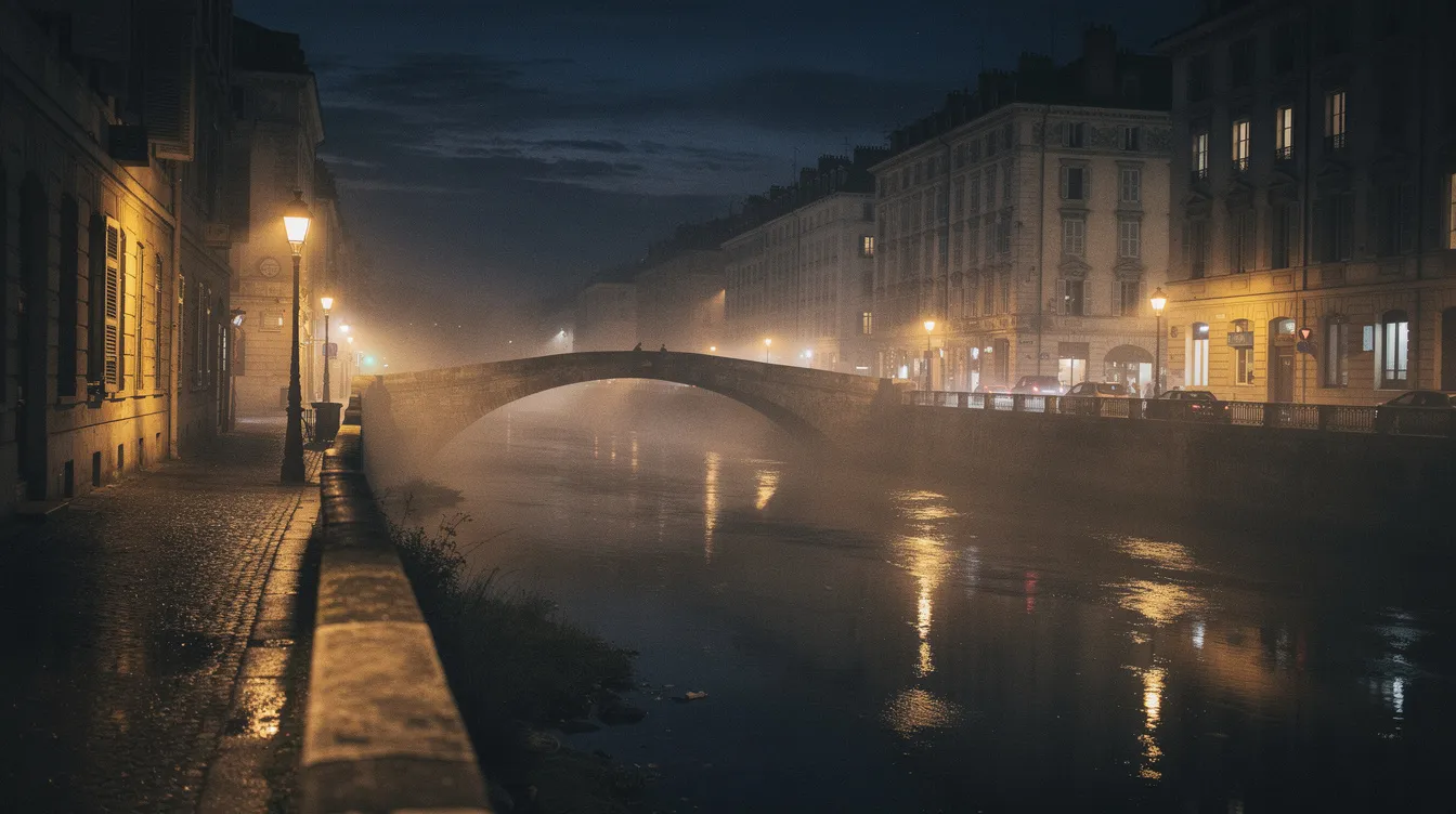 Die nächtliche Großstadtszene zeigt eine alte Steinbrücke, die über einen nebligen Fluss führt. Straßenlaternen werfen ein sanftes Licht auf die Gassen, die eine geheimnisvolle Atmosphäre schaffen, die an einen klassischen Kriminalfilm oder Film Noir erinnert.