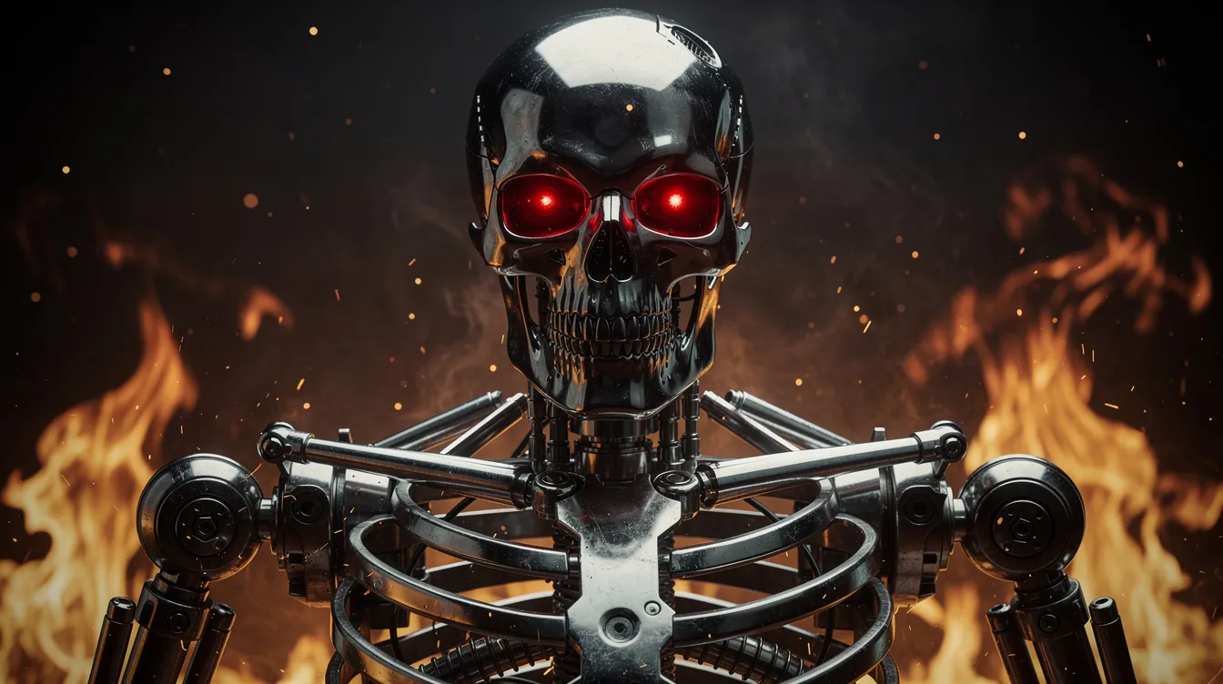 Ein metallisches Roboterskelett mit leuchtend roten Augen steht bedrohlich vor einem dunklen Hintergrund, in dem Flammen auflodern. Diese futuristische Darstellung erinnert an ikonische Sci-Fi-Filme der 80er Jahre, die das Genre geprägt haben.