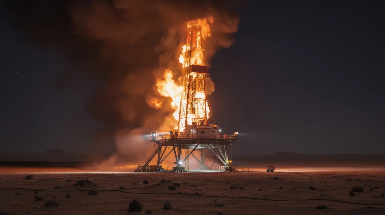 Ein brennender Bohrturm erhebt sich in der Dunkelheit der Nacht, während Flammen hoch in den Himmel schlagen und die karge Wüstenlandschaft um ihn herum beleuchten. Diese dramatische Szene erinnert an die Themen von Paul Thomas Andersons Film "There Will Be Blood", in dem Gier und der Aufstieg eines Ölmagnaten im Vordergrund stehen.